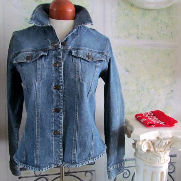DENIM JACKET, L, + RED BANDANA SCARF, WILL SMITH WOMEN'S BLUE JEAN STRETCH COAT - Picture 6 of 7